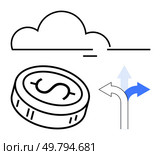 Coin with dollar sign, cloud, and directional arrows representing financial growth, decisions, and future opportunities. Ideal for finance, business strategy, investment, economic forecasting. Financial Growth and Decision-Making Concept with Coin, Cloud, and Directional Arrows. Стоковая иллюстрация, агентство Ingram Publishing / Фотобанк Лори