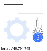 Gear icon with falling coins illustrating concept of financial gain through efficient operational processes. Ideal for business growth, financial planning, investments, operational efficiency. Gear and Falling Coins Depicting Financial Investment and Operational Efficiency. Стоковая иллюстрация, агентство Ingram Publishing / Фотобанк Лори