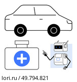 Car outline, first aid kit with cross, and robot with pointing gesture. Ideal for healthcare, medical technology, robotics, autonomous vehicles, AI assistance, emergency response, and innovation. Autonomous Medical Car with Smart Robot and Emergency Kit for Modern Healthcare Solutions. Стоковая иллюстрация, агентство Ingram Publishing / Фотобанк Лори