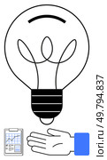 Lightbulb enclosed by three loops, clipboard with checklists, hand supporting. Ideal for creativity, innovation, planning, teamwork, support efficiency and organization. Line metaphor. Hand Supporting Lightbulb and Clipboards Metaphor for Innovation, Planning, and Support. Стоковая иллюстрация, агентство Ingram Publishing / Фотобанк Лори