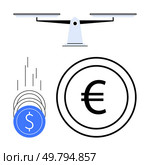 Financial scales balancing Euro and dollar symbols, indicating currency balance and exchange rates. Ideal for finance, banking, investment, economics, trade, global markets macroeconomics. Line. Balancing financial scales with Euro symbol and stack of falling dollar coins. Стоковая иллюстрация, агентство Ingram Publishing / Фотобанк Лори
