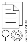 Documents with lines, magnifying glass, and dollar coin. Ideal for business analysis, financial planning, accounting, investment, auditing research economy. Line metaphor. Financial Analysis and Documentation with Magnifying Glass and Dollar Coin. Стоковая иллюстрация, агентство Ingram Publishing / Фотобанк Лори