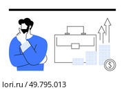 Businessman thinking with briefcase, stacks of coins and rising arrows. Ideal for investment strategy, financial planning, business growth, career advancement, success, entrepreneurship, economic. Businessman Contemplating Investment Growth with Briefcase, Rising Arrows, and Coin Graph. Стоковая иллюстрация, агентство Ingram Publishing / Фотобанк Лори