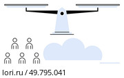 Balance scale atop cloud and group of people emphasizing equality decision-making, justice, fairness, societal balance, and choices. Ideal for law, business, management, community, education. Balance Scale Above Group of People and Cloud Highlighting Equality and Decision-Making. Стоковая иллюстрация, агентство Ingram Publishing / Фотобанк Лори