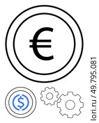 Central euro and dollar signs enclosed in circles, accompanied by two interlocking gears. Ideal for finance, economy, investment, currency exchange, business strategy, trade collaboration. Line. Currency Symbols in Circles with Interlocking Gears Representing Financial Mechanics and Cooperation. Стоковая иллюстрация, агентство Ingram Publishing / Фотобанк Лори