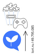 Popcorn bucket, game controller, plant in speech bubble, and upward arrow depict digital entertainment and growth. Ideal for technology, gaming, media, communication, growth sustainability. Entertainment and Growth in Digital Media Popcorn, Game Controller, Growth Icon, Arrow Symbol. Стоковая иллюстрация, агентство Ingram Publishing / Фотобанк Лори