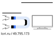 Magnet attracting electrical lines towards a computer monitor. Ideal for education, science, physics, technology, electromagnetism, data visualization, instructional. Line metaphor. Magnet attracting lines of force towards a computer monitor, emphasizing electromagnetic concept. Стоковая иллюстрация, агентство Ingram Publishing / Фотобанк Лори