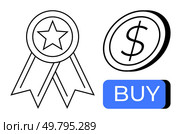 Star award ribbon, dollar coin, and blue buy button signify quality and transaction. Ideal for e-commerce, online shopping, sales promotion, finance, investment, rewards, and customer satisfaction. Star award ribbon and dollar coin next to blue buy button, representing quality purchase concept. Стоковая иллюстрация, агентство Ingram Publishing / Фотобанк Лори