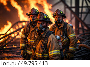 Three firefighters are extinguishing a fire in the building. Стоковое AI-изображение, AI-художник Александр Поташев / Фотобанк Лори