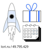 Rocket launching next to a gift box and calendar with three icons depicting progress and achievement. Ideal for project planning, goal setting, celebrations, time management, productivity strategies. Rocket Launch, Gift Box, and Calendar - Representing Goals and Milestones. Стоковая иллюстрация, агентство Ingram Publishing / Фотобанк Лори