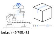Robotic arm placing items on conveyor belt with smart cloud integration. Ideal for automation, manufacturing, industry 4.0, logistics, AI, IoT and technology presentations. Line metaphor. Automated Factory Production Line with Robotic Arm and Smart Cloud Integration for Packaging. Стоковая иллюстрация, агентство Ingram Publishing / Фотобанк Лори