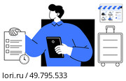 Person holding a checklist and tablet, a large suitcase, and a web interface with profiles. Ideal for business planning, travel organization, remote work strategy, productivity, team management. Professional Planning with Checklist, Online Communication, and Travel Preparedness. Стоковая иллюстрация, агентство Ingram Publishing / Фотобанк Лори
