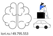 Abstract brain design beside woman reading on tablet sitting on block. Outline of car below. Ideal for education, technology, innovation, learning, mobility, neuroscience lifestyle. Line metaphor. Woman reading on tablet, abstract brain design, and a car outline depicting technology. Стоковая иллюстрация, агентство Ingram Publishing / Фотобанк Лори