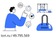 Man pointing at sensory indicators for touch, taste, smell, sight, hearing 3D printer creating a heart blue handbag with a price tag. Ideal for education, science, technology, shopping lifestyle. Man Exploring Senses, 3D Printing Heart and Shopping Bag Representation. Стоковая иллюстрация, агентство Ingram Publishing / Фотобанк Лори