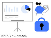 Board with graphs and pie chart statistics, individual using a tablet to input information, and a security padlock icon. Ideal for data analysis, business presentations, cybersecurity, information. Business Analytics and Cybersecurity with Charts and Data Analysis Representation. Стоковая иллюстрация, агентство Ingram Publishing / Фотобанк Лори