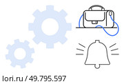 Gear wheels, briefcase with blue strap, and ringing bell. Ideal for productivity, workflow, office tools, notifications, organization, business alerts, and time management. Line metaphor. Gear wheels, briefcase with blue strap, and ringing bell symbolizing workflow, notifications, and productivity. Стоковая иллюстрация, агентство Ingram Publishing / Фотобанк Лори