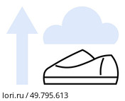 Sports shoe with upward-pointing arrow and cloud. Ideal for fitness, progress, aspirations, health, motivation, sportswear marketing, training programs. Line metaphor. Sports shoe with upward arrow and cloud, representing progress and aspirations in fitness goals. Стоковая иллюстрация, агентство Ingram Publishing / Фотобанк Лори