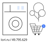 Simple graphic of a washing machine, three trees, and a shopping cart with a notification badge. Ideal for e-commerce, online shopping, appliance purchasing, eco-friendly initiatives, household. Home appliances and online shopping notification with washer, trees, and shopping cart. Стоковая иллюстрация, агентство Ingram Publishing / Фотобанк Лори