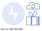 Lightning bolt in blue circle, cloud with sync arrows, and gift box with bow. Ideal for technology, cloud computing, energy, power, synchronization cloud storage and celebrations. Line metaphor. Lightning Bolt, Cloud Sync Symbol, and Gift Box with Bow in Minimalist Design. Стоковая иллюстрация, агентство Ingram Publishing / Фотобанк Лори