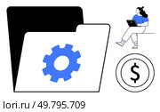 File folder with blue gear, person with laptop beside dollar sign. Ideal for business, finance, technology, data management, online banking, investments, office work. Line metaphor. File Folder with Gear Symbol, Person Using Laptop, and Dollar Sign. Стоковая иллюстрация, агентство Ingram Publishing / Фотобанк Лори