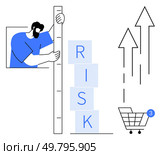 Man measuring stacked blocks labeled RISK next to shopping cart and rising arrows. Ideal for business analysis, risk management, e-commerce, decision making, growth strategies, financial forecasting. Measuring Risk in E-commerce Growth with Stacked Blocks and Rising Arrows. Стоковая иллюстрация, агентство Ingram Publishing / Фотобанк Лори