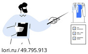 Man holding clipboard and pointing at clothing rack and checklist. Ideal for business presentations, planning, task management, productivity, organization, training, and outfit coordination. Line. Man Holding Clipboard and Pointer with Clothing Rack and Checklist for Job Task Planning. Стоковая иллюстрация, агентство Ingram Publishing / Фотобанк Лори