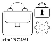 Business briefcase, security lock, and gear icon represent professional tools, security measures, and operational efficiency. Ideal for business strategies, security protocols, productivity guides. Business briefcase, security lock, and gear symbolizing workplace productivity and data security. Стоковая иллюстрация, агентство Ingram Publishing / Фотобанк Лори