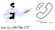 Man with a beard holding a clipboard and pointing with a stick at a large phone icon. Ideal for customer service strategies, business presentations, communication training, tech support, client. Businessman Presenting Call-In Customer Service Concept on Large Screen. Стоковая иллюстрация, агентство Ingram Publishing / Фотобанк Лори