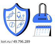 Shield with DNA, stethoscope, pill, and thermometer icons shopping bag with price tag calendar. Ideal for healthcare planning, medical appointments, lifestyle management, health budgeting, wellness. Health Shield with Medical Symbols, Shopping Bag, and Calendar Representing Healthcare Planning. Стоковая иллюстрация, агентство Ingram Publishing / Фотобанк Лори