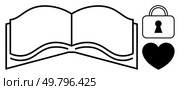 Open book with flowing lines, black heart, secure padlock with keyhole. Ideal for storytelling, romance, privacy, security, literature love creative writing themes. Line metaphor. Open book with padlock and heart icon representing secure and private love stories. Стоковая иллюстрация, агентство Ingram Publishing / Фотобанк Лори