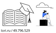 Graduation cap atop an open book opposite a student reading on a block with a cloud overhead. Ideal for education, graduation, learning, study, academic achievement, knowledge, and schooling themes. Graduation Cap on Open Book with Student Reading Under Cloud, Symbolizing Knowledge and Education. Стоковая иллюстрация, агентство Ingram Publishing / Фотобанк Лори