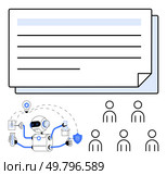 Documents robot with multiple arms performing tasks, six outlined human figures. Ideal for technology, automation, AI, human interaction, document management, security, innovation. Line metaphor. AI Robot Interacting with Documents and Users in a Digital Environment. Стоковая иллюстрация, агентство Ingram Publishing / Фотобанк Лори