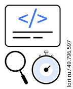 Coding tags on a screen magnifying glass stopwatch. Ideal for programming, development, debugging, performance, analysis, coding, speed optimization. Line metaphor. Web Development Elements with Coding Symbols, Magnifying Glass, and Stopwatch. Стоковая иллюстрация, агентство Ingram Publishing / Фотобанк Лори