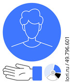 Silhouette of a person inside a blue circular icon, an outlined hand gesturing beside an analytics pie chart with a gear. Ideal for user interface, profiles, analytics, workflow, data management. Silhouette of Persona with Gesturing Hand and Analytics Gear Wheel in Blue Circle. Стоковая иллюстрация, агентство Ingram Publishing / Фотобанк Лори