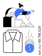 Woman working on a laptop while a cat rests beside her. Adjacent icons include a shirt and falling coins. Ideal for remote work, freelancing, home office setup, business finance, e-commerce. Woman Working Remotely with Laptop, Cat Lounging Nearby, Shirt Icon, Falling Coins Depicting Earnings. Стоковая иллюстрация, агентство Ingram Publishing / Фотобанк Лори