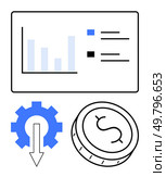 Bar graph with data, gear with downward arrow, and coin. Ideal for business, finance, economy, investment, market analysis cost reduction and budgeting themes. Line metaphor. Financial Data Analysis with Bar Graph, Gear and Downward Arrow, and Coin Icon. Стоковая иллюстрация, агентство Ingram Publishing / Фотобанк Лори