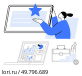Businesswoman presenting a star on a tablet, laptop displaying data analytics, briefcase, and growth charts. Ideal for business success, achievement, analytics, data presentation, growth career. Businesswoman Accolade, Laptop with Data Analytics, Briefcase, and Growth Charts Concept. Стоковая иллюстрация, агентство Ingram Publishing / Фотобанк Лори