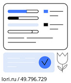 Progress bars at different stages beside checkboxes, a checked circle, and tulip line drawing. Ideal for project management, task tracking, productivity, analytics, progress reporting, design. Progress Bars and Checkmark Inside Digital Interface with Tulip Icon Representing Completion. Стоковая иллюстрация, агентство Ingram Publishing / Фотобанк Лори
