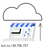 Laptop displaying an online store with storefront canopy, background cloud representing cloud storage, upward arrow. Ideal for e-commerce, online business, digital marketing, web, v10 hosting, cloud. E-commerce Platform on Laptop with Cloud Storage Integration for Online Shop Management. Стоковая иллюстрация, агентство Ingram Publishing / Фотобанк Лори