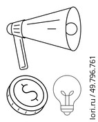 Megaphone projecting sound, dollar coin symbolizing money, and light bulb representing ideas and innovation. Ideal for marketing, business strategy, communication, creativity, financial planning. Marketing and Innovation Concept with Megaphone, Dollar Coin, and Light Bulb Outline. Стоковая иллюстрация, агентство Ingram Publishing / Фотобанк Лори