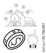 Smart home with IoT devices connected for security, lighting, and HVAC. Coin with dollar sign symbolizes investment. Finger with smartwatch indicates health monitoring. Ideal for technology, finance. Smart Home with IoT Connected Devices Integrating Security, Lighting, and Wellness Monitoring. Стоковая иллюстрация, агентство Ingram Publishing / Фотобанк Лори