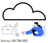 Businesswoman with tablet pointing at growing money graph, briefcase below large cloud icon. Ideal for cloud computing, data analysis, business growth, technology, investment, financial planning. Businesswoman pointing at data with cloud graphic, briefcase, and rising chart for business success. Стоковая иллюстрация, агентство Ingram Publishing / Фотобанк Лори