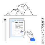 Mountains arrow and hand signing a contract. Ideal for motivation, success, perseverance, growth, business, achievement, overcoming challenges. Line metaphor. Overcoming Obstacles Signing Contracts and Achieving Growth Despite Challenges. Стоковая иллюстрация, агентство Ingram Publishing / Фотобанк Лори