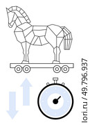 Geometric Trojan horse on wheels a stopwatch below it, and blue arrows pointing up and down. Ideal for strategies, time management, cybersecurity, deception, movement, risk, and precision themes. Geometric Trojan Horse and Stopwatch with Arrows Symbolizing Strategy, Timing and Movement. Стоковая иллюстрация, агентство Ingram Publishing / Фотобанк Лори