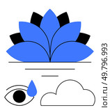 Blue lotus flower blooming with overlapping petals, an eye shedding a blue tear, and a cloud outline. Ideal for meditation, spirituality, wellness, nature, emotions art and mindfulness themes. Line. Blue Lotus Blooming Above Line, an Eye with a Tear, and a Cloud. Стоковая иллюстрация, агентство Ingram Publishing / Фотобанк Лори
