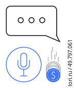 Speech bubble with ellipsis, microphone inside blue circle, and blue coins with dollar sign falling. Ideal for communication, podcasts, monetization, finance, technology, digital transactions. Conversation bubble, microphone icon, and falling coins representing communication, voice technology, currency. Стоковая иллюстрация, агентство Ingram Publishing / Фотобанк Лори