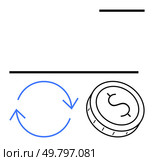 Dollar coin next to blue circular arrows indicates financial exchange. Ideal for finance, banking, currency conversion, economic transactions, international trade, investment strategies, monetary. Currency Exchange Concept Featuring Dollar Coin with Blue Circular Arrows. Стоковая иллюстрация, агентство Ingram Publishing / Фотобанк Лори