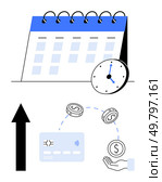 Calendar and clock representing time, credit card and coins symbolizing finance, uplift arrow denoting growth. Ideal for finance, budgeting, business, investments, planning, productivity timelines. Calendar, clock, credit card, dollar coins, upward arrow illustrating time management, financial growth. Стоковая иллюстрация, агентство Ingram Publishing / Фотобанк Лори