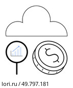 Cloud symbol with magnifying glass showing upward graph and dollar coin. Ideal for financial analysis, data storage, cloud computing, business growth, investment strategies, economic trends, digital. Cloud storage with growth magnifier and dollar coin, representing data analysis and financial growth. Стоковая иллюстрация, агентство Ingram Publishing / Фотобанк Лори