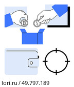 Hands holding Bitcoin and Dollar coins, focusing on wallet icon, and an open box. Ideal for finance, cryptocurrency, online transactions, e-commerce, digital wallets savings investment. Line. Hands Exchanging Bitcoin and Dollar Coins, Focusing Wallet Icon, and an Open Box Concept. Стоковая иллюстрация, агентство Ingram Publishing / Фотобанк Лори